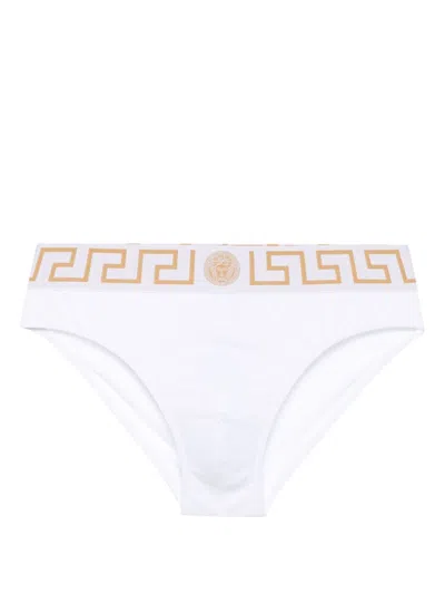 Versace White Swim Briefs With Greca Border And Medusa Motif