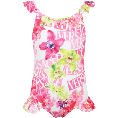 Versace Kids' White Swimsuite For Girl With Floral Print And Logo All-over In Multicolor