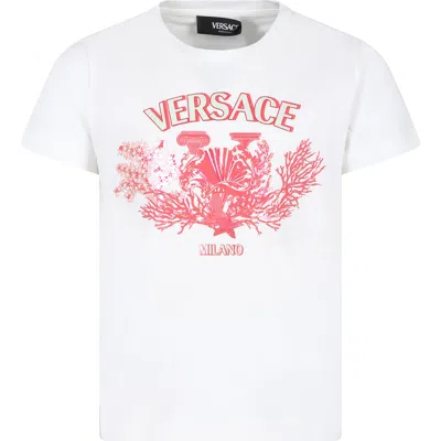 Versace Kids' White T-shirt For Girl With Logo And Marine Print