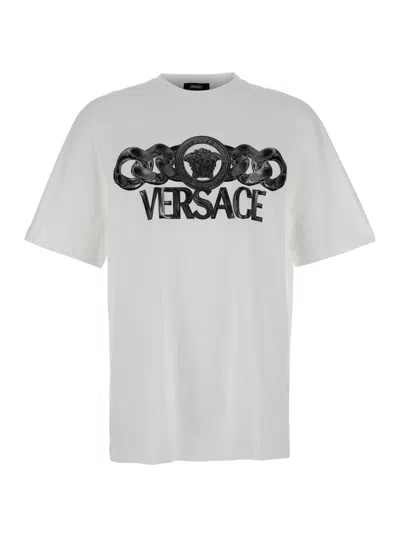 VERSACE WHITE T-SHIRT WITH MEDUSA HEAD LOGO PRINT ON THE FRONT IN COTTON MAN