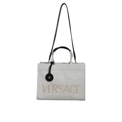 Versace White Top Handle Canvas Leather Logo Crossbody Tote Bag Black/white
