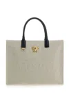 VERSACE WHITE TOTE BAG WITH MEDUSA PLAQUE ON THE FRONT AND EMBOSSED LOGO LETTERING ON THE FRONT
