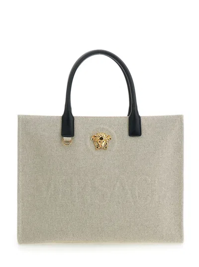 Versace White Tote Bag With Medusa Plaque On The Front And Embossed Logo Lettering On The Front