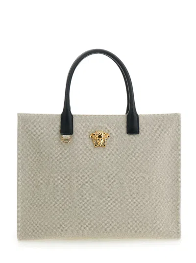 Versace White Tote Bag With Medusa Plaque On The Front And Embossed Logo Lettering On The Front In L