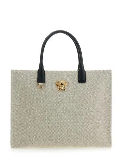 Versace White Tote Bag With Medusa Plaque On The Front And Embossed Logo Lettering On The Front In Leather W