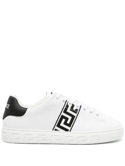 VERSACE WHITE WHITE BLACK GRECA EMBROIDERED SNEAKERS