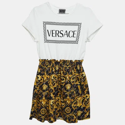 Pre-owned Versace White/black Baroque Print Cotton T-shirt Dress (12 Yrs)