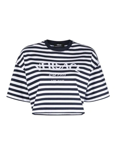 Versace Whitenavy Blue Striped Logo T-shirt