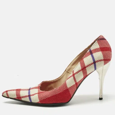 Versace White/red Plaid Check Fabric Pointed Toe Pumps In Multi
