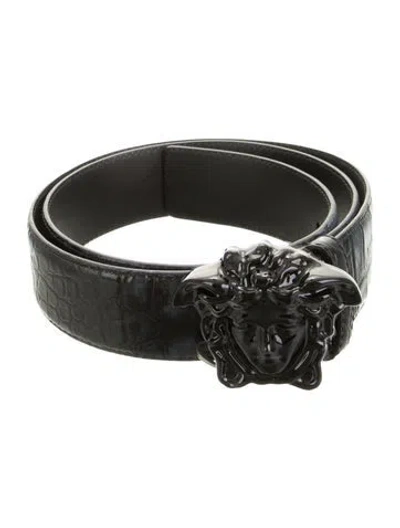 Pre-owned Versace Wide Embossed Leather Belt In Blue