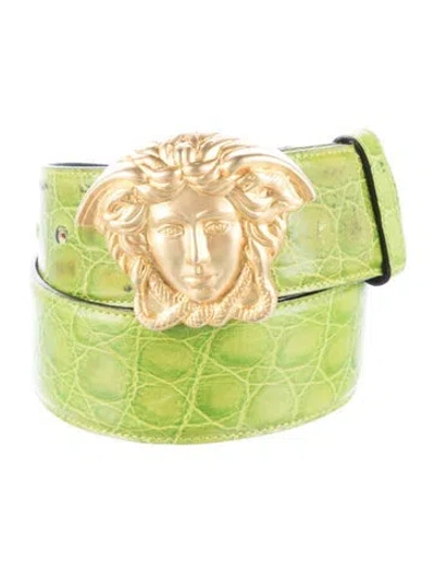 Pre-owned Versace Wide Embossed Leather Waist Belt In Green