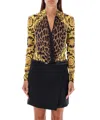 Versace Black & Gold Wild Barocco Silk Draped Bodysuit