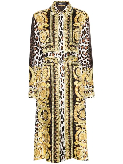 Versace Wild Barocco Foulard Long-sleeved Shirt Dress In Multi
