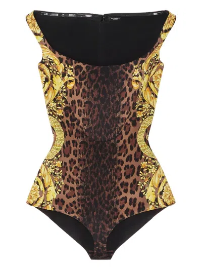 Versace Wild Barocco Silk Bodysuit In Animalier