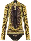Versace Wild Barocco Silk Georgette Long-sleeve Bodysuit In Yellow