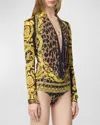 Versace Wild Barocco Silk Georgette Long-sleeve Bodysuit In Chestnutgold