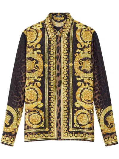 Versace Wild Barocco Silk Shirt In Oro