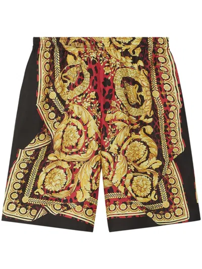 Versace Wild Barocco Silk Shorts In Green