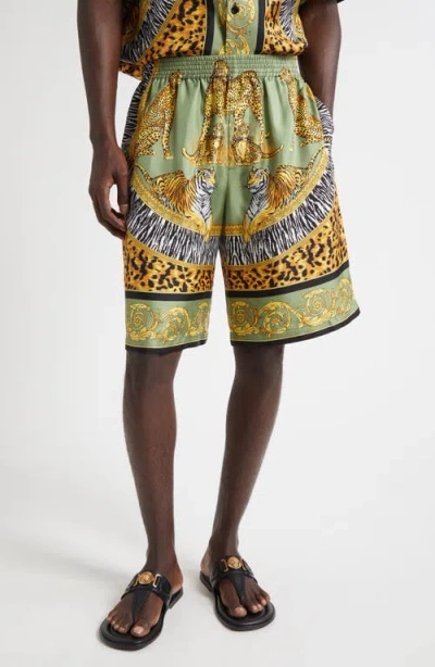 Versace Straight-leg Printed Silk-twill Shorts In Green