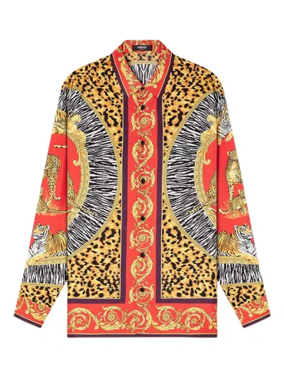 Versace Wild Cats Printed Silk Shirt In Red