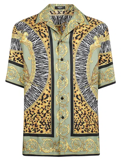 Versace Wild Cats Camp-collar Printed Silk-twill Shirt In Green