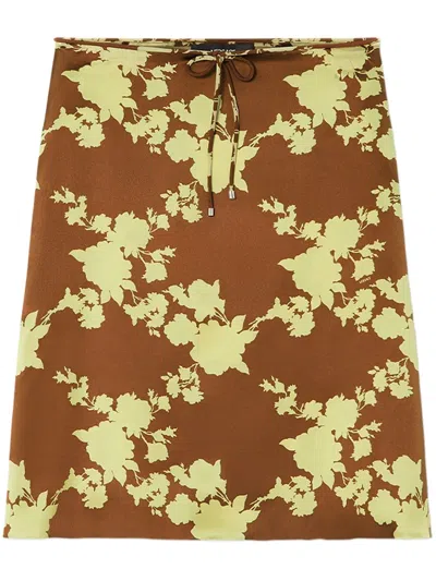 Versace Wild Roses Satin Midi Skirt In Brown