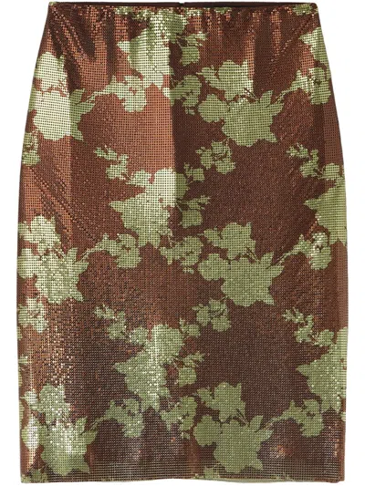 Versace Wild Roses Metallic Mesh Midi Skirt In Brown+yellow