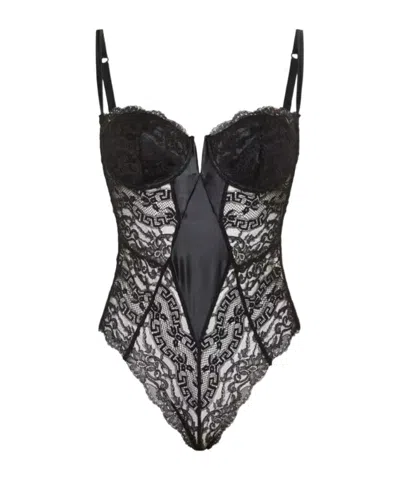 Versace Wired-cup Sheer Lace Bodysuit In Black