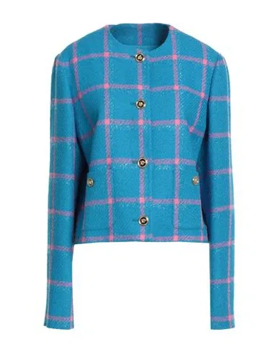 Versace Woman Blazer Azure Size 16 Virgin Wool, Polyamide In Blue
