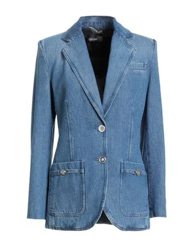 Versace Woman Blazer Blue Size 4 Cotton, Calfskin