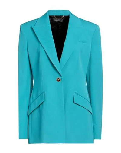 Versace Woman Blazer Turquoise Size 8 Virgin Wool In Blue