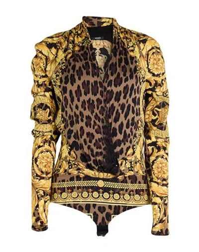 Versace Woman Bodysuit Khaki Size 2 Silk, Elastane In Brown