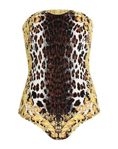Versace Woman Bodysuit Yellow Size 8 Silk In Brown