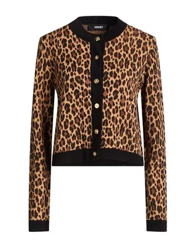 Versace Woman Cardigan Brown Size 14 Cotton, Viscose, Polyester In Animal Print