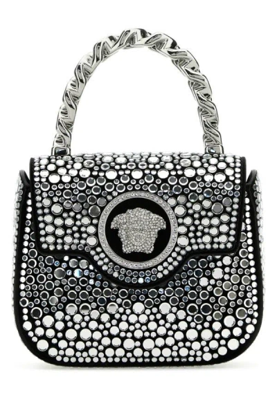 Versace Woman Embelished Leather La Medusa Handbag In Silver
