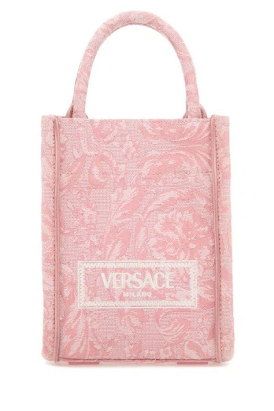 Versace Woman Embroidered Fabric Mini Athena Handbag In Pink
