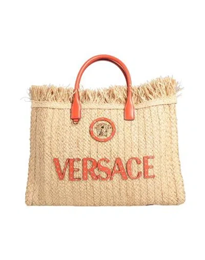 Versace Woman Handbag Beige Size - Straw, Calfskin In Sand
