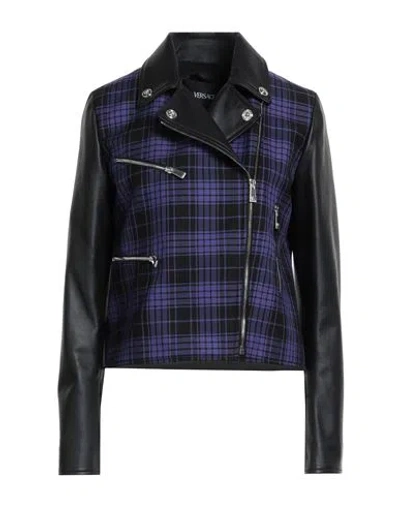 Versace Woman Jacket Purple Size 12 Lambskin, Virgin Wool In Blue