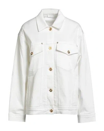 Versace Woman Jacket White Size 10 Cotton, Elastane, Calfskin In Multi