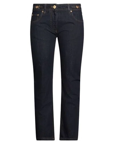 Versace Embellished Cropped High-rise Straight-leg Jeans In Blue