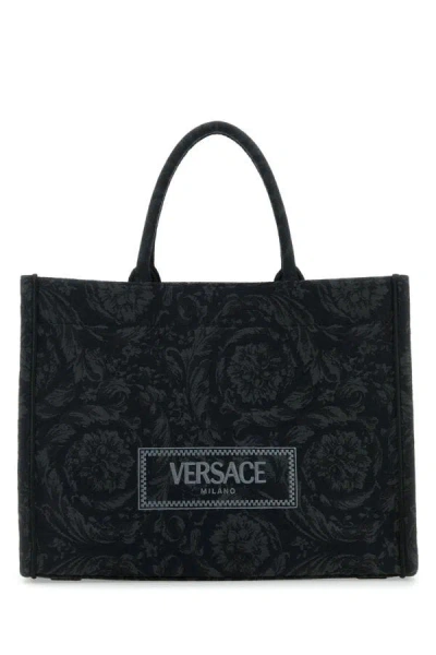 Versace Woman Large Tote Embroidery Jacquard Barocco In Black