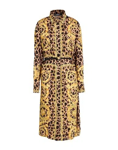 Versace Woman Midi Dress Sand Size 8 Polyester, Calfskin In Brown