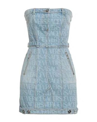 Versace Woman Mini Dress Blue Size 4 Cotton, Calfskin