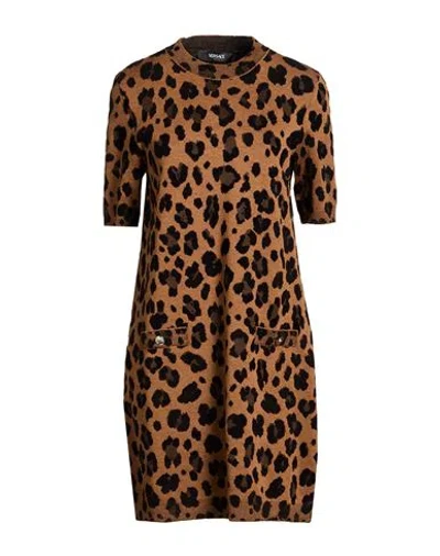 Versace Woman Mini Dress Camel Size 8 Viscose, Virgin Wool, Polyamide In Animal Print