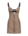 Versace Embellished Leather-trimmed Cutout Canvas-jacquard Mini Dress In Beige