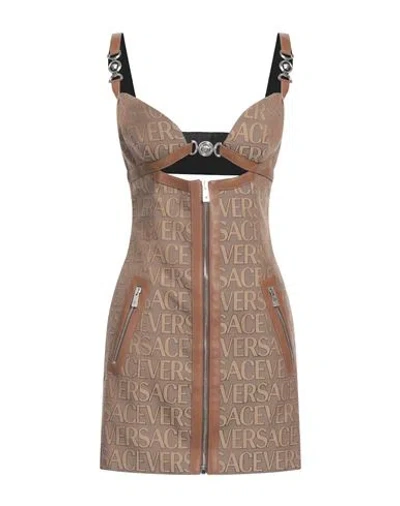 Versace Woman Mini Dress Khaki Size 6 Polyester, Cotton, Lambskin In Beige