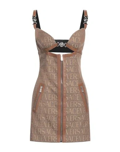 VERSACE VERSACE WOMAN MINI DRESS KHAKI SIZE 6 POLYESTER, COTTON, LAMBSKIN