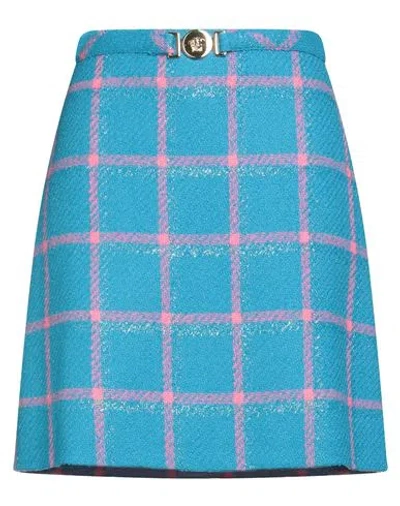 Versace Woman Mini Skirt Azure Size 14 Virgin Wool, Polyamide In Blue