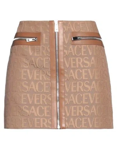 VERSACE VERSACE WOMAN MINI SKIRT CAMEL SIZE 4 POLYESTER, COTTON, LAMBSKIN