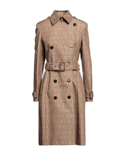 Versace Allover-jacquard Trench Coat In Brown